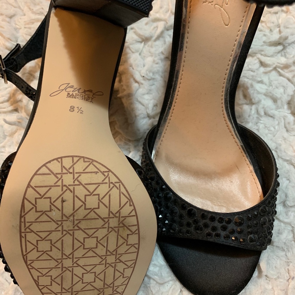 Badgley Mischka Jewel black crystal satin ankle strap block heels formal NWOT - Picture 8 of 8
